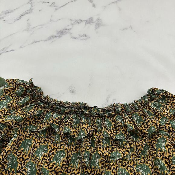 J.Crew Womens Off Shoulder Ratti Top Size M Yellow Green Elephants Ruffle Button - Picture 2 of 12
